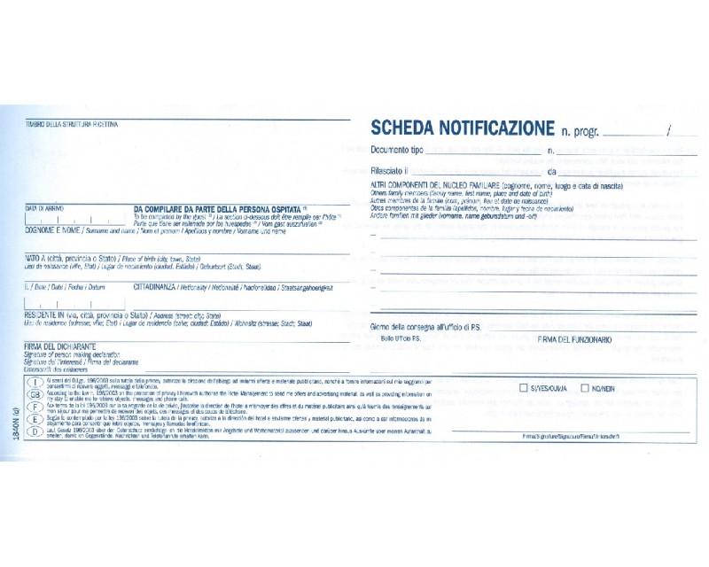 Schede di notificazione persone alloggiate DATA UFFICIO 